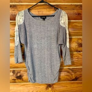 A. Byer Blue/Grey Blouse Top with Cream Lace Shoulder Details Medium